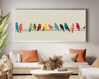 Minimalist Colorful Birds on a Wire, Modern Bird Canvas Art, Framed Whimsical Animal Decor, Vibrant Nursery Wall Art