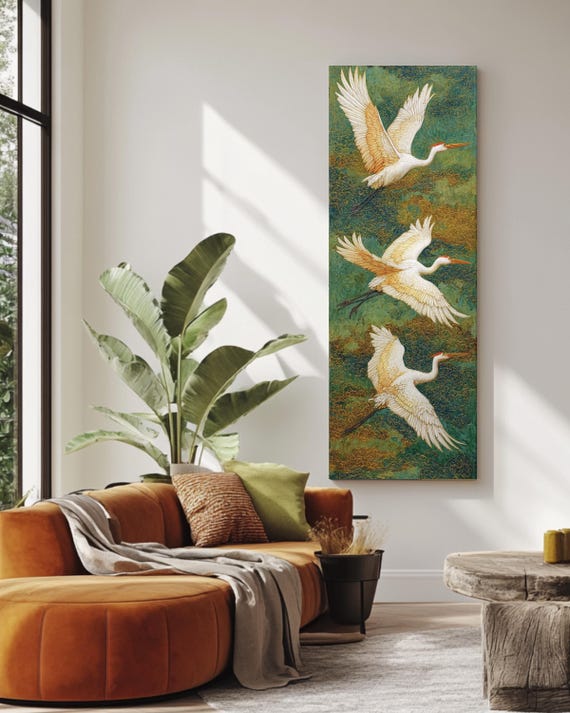 Flying Crane Wall Art, Tall Narrow Canvas Print, Japandi Bird Artwork, Vertical Asian Inspired Wall Decor, Elegant Green Gold Canvas Art