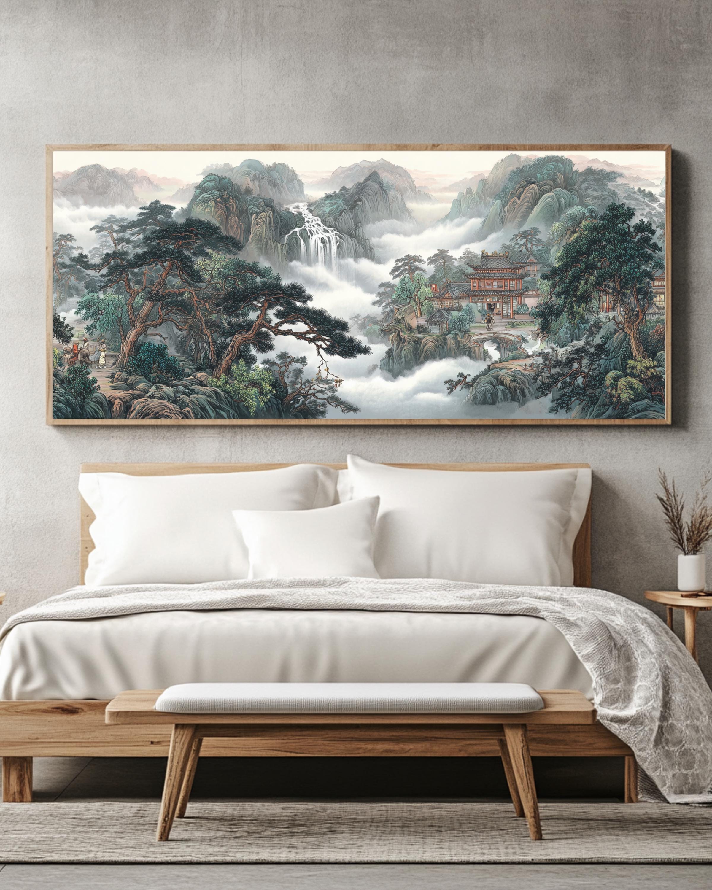 Chinese Waterfall Village Canvas, Traditional Asian Landscape Art ...