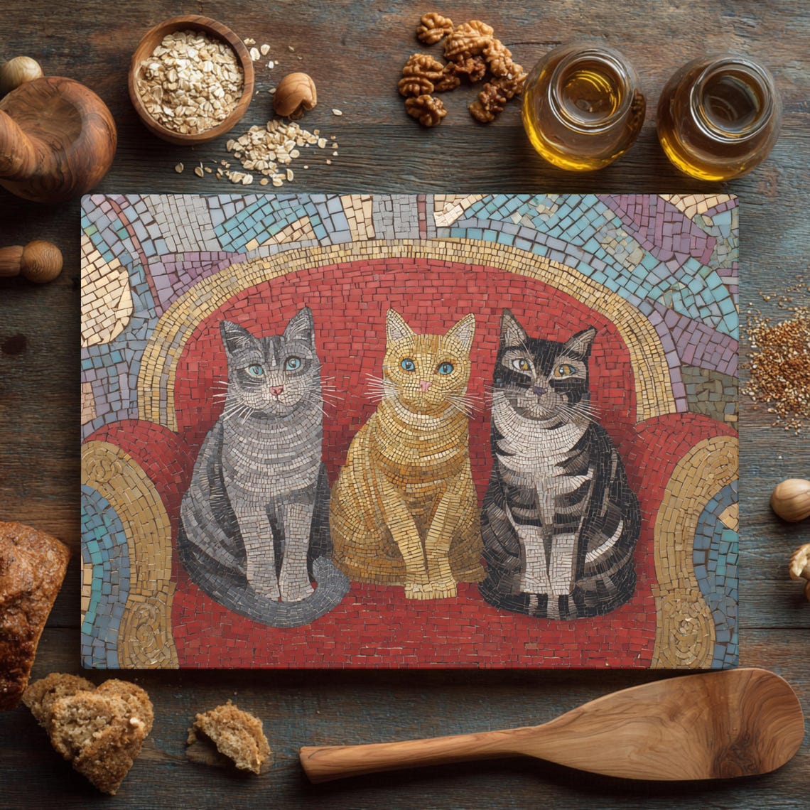 Rustic Mosaic Cats on Red Chair Glass Cutting Board | Whimsical Animal ...