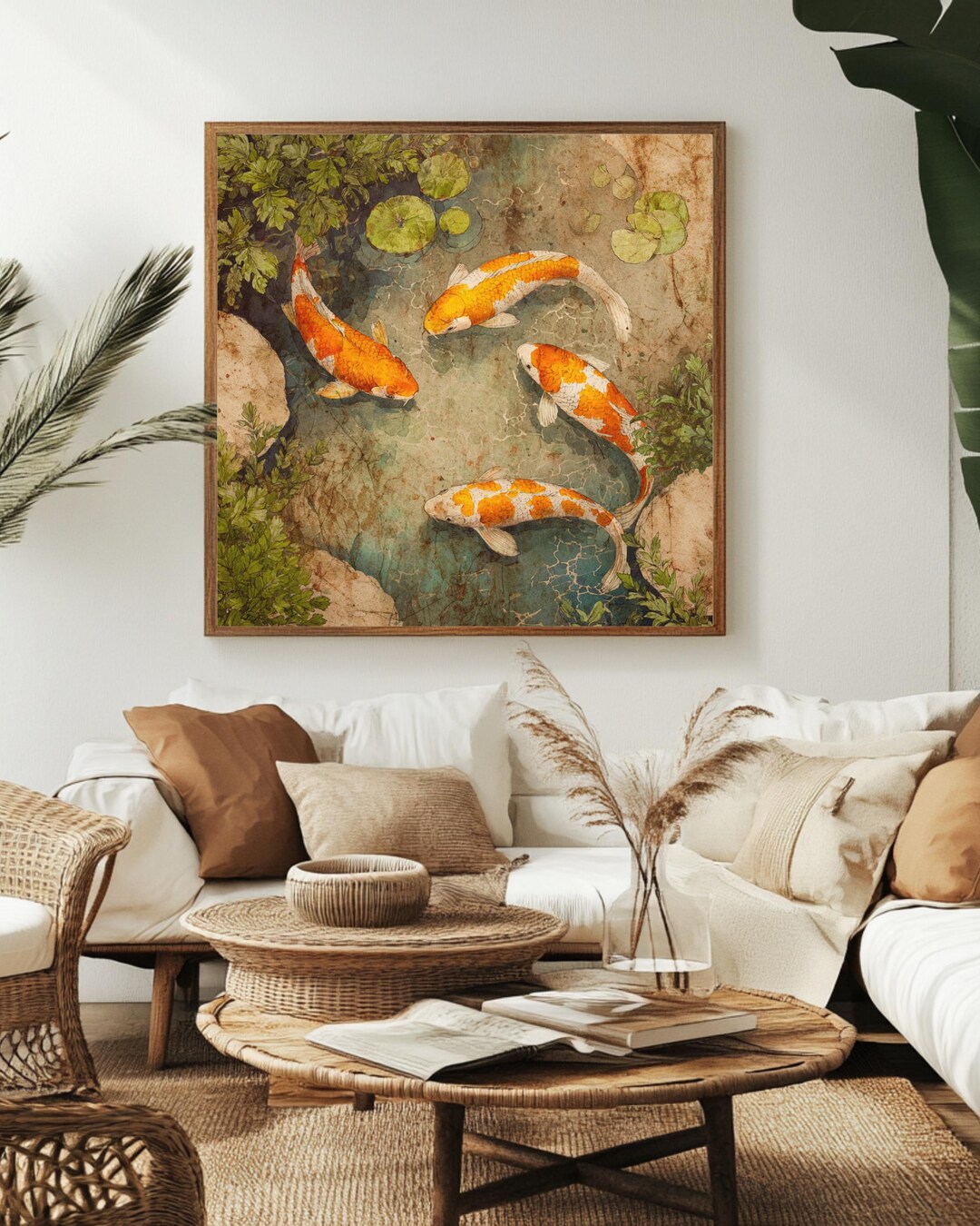 Rustic Koi Fish Pond Watercolor Art, Zen Fish Canvas Print, Japanese ...