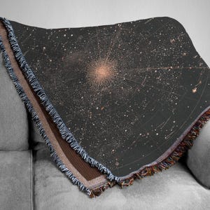 May include: A dark grey throw blanket with a celestial map design in copper and white. The blanket has a fringed edge with multiple colours. The design includes a central starburst and numerous star clusters.