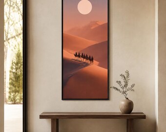 Desert Camel Caravan Canvas Wall Art, Tall Sahara Print, Terracotta Desert Landscape, Boho Southwest Decor, Narrow Vertical Artwork