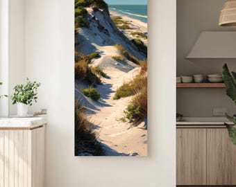 Coastal Dune Vertical Wall Art, Beach Grass Sand Dune Canvas, Minimalist Ocean Decor, Large Seaside Nature Print