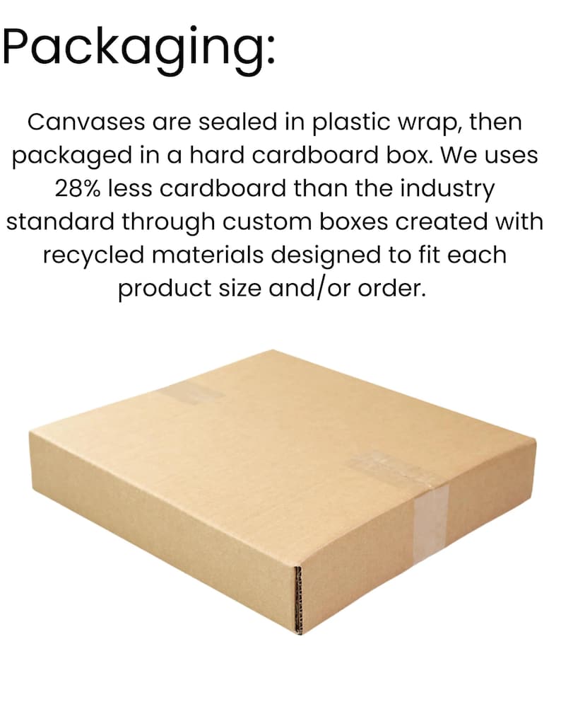Op de afbeelding: Een rechthoekige, lichtbruine kartonnen doos, waarschijnlijk voor verzending. De tekst "Packaging:" staat bovenaan, gevolgd door details over het verpakkingsproces, inclusief het gebruik van gerecyclede materialen.