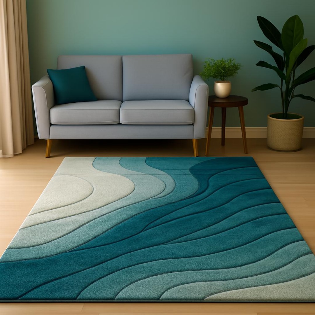 Hand-carved Ocean Wave Teal Rug | Modern Coastal Decor - Etsy