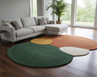 Abstract Wool Area Rug, Mid-Century Modern Organic Shape, Green, Orange, Gold