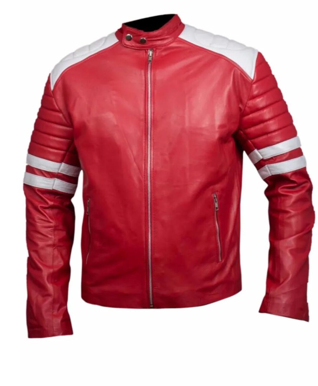 Men’s Red Leather Biker Jacket With White Racing Stripes & Quilted — free download