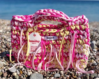 Viva Pink Yellow Chunky Crochet Handbag - Vibrant Boho Fringed Purse - Colorful Cotton Jersey Yarn Bag - Handmade Summer Festival Accessory