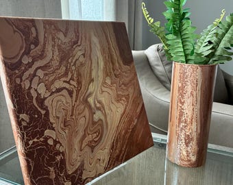 Sienna Schleier | Bronze Abstrakte Flüssigkeit Kunst Leinwand & brünierter Schleier Vase | Velvet Ember Kollektion | Modernes Luxusdekor