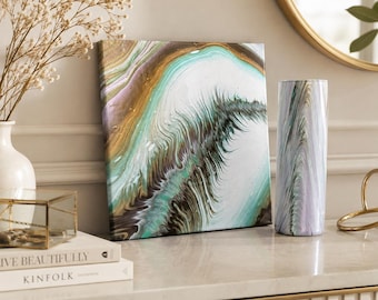 Abstracte wanddecoratieset in groen-bruin, 14x14 canvas met 10 inch vaas, moderne acrylverftechniek voor thuis.