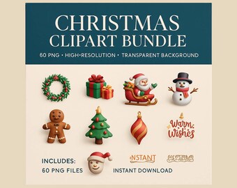 Vintage Christmas 3D Clipart Bundle | 60 PNG | Retro Christmas Illustrations | High Resolution | Commercial License | Cozy Christmas Elements