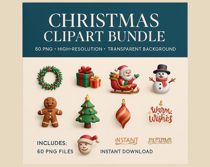 Featured listing image: Vintage Christmas 3D Clipart Bundle | 60 PNG | Retro Christmas Illustrations | High Resolution | Commercial License | Cozy Christmas Elements