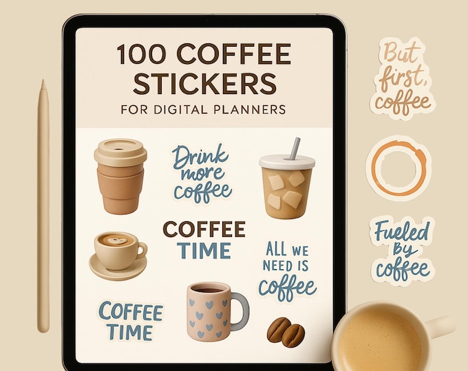 Featured listing image: Coffee Aesthetic Full Sticker Pack – 100 PNG Digital Stickers