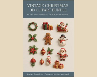 Vintage Christmas Sticker Pack | 60 PNG Stickers | 3D Retro Christmas Stickers | Printable | Planner Stickers | Cozy Christmas Set