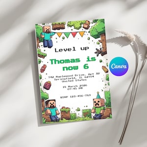 Minecraft Birthday Invitation Boy | Mining Crafting Game Party | Level Up Birthday | Editable Canva Template | Instant Download