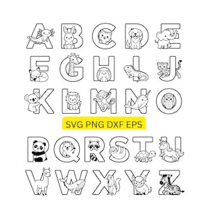 Djuralfabetet SVG-paket, söta djurbokstäver A-Ö, delat monogram SVG, barnrumsnamnskylt, dekorativa barndesigner, Cricut laserskuren fil