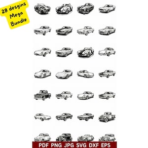 Peut inclure: Une collection numérique de 28 illustrations en noir et blanc représentant divers modèles de voitures classiques et anciennes disposées en grille. L'image comprend une étiquette jaune avec le texte 28 designs Mega Bundle et une bannière de formats.