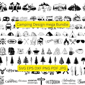 Camping svg-paket, utomhusäventyr svg, husbil svg, tält svg, lägereld svg, berg svg, Cricut Dxf Eps Png Pdf Jpg