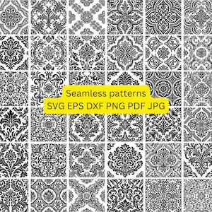 May include: A collection of black and white damask seamless patterns arranged in a grid. A yellow rectangular overlay in the center displays the text: Seamless patterns SVG EPS DXF PNG PDF JPG. Each square features intricate floral motifs.