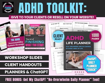 ADHD Therapist Toolkit | Planner, Worksheets, Workshop, ChatGPT Tool For Clients (PLR)