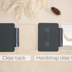 Puede incluir: Dos fundas transparentes para tel&eacute;fono con parte trasera gris oscuro, una con correa de mano. El texto "Clear back" y "Handstrap clear back" se muestra debajo. Una pi&ntilde;a y plantas secas en el fondo.