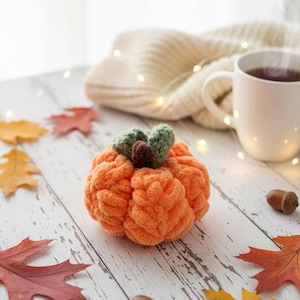 Puede incluir: Una calabaza naranja tejida a mano con detalles verdes y marrones. La calabaza está rodeada de hojas de otoño, bellotas y una taza blanca de té. El fondo incluye un suéter blanco y luces de hadas.