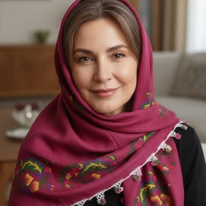 May include: A woman wearing a burgundy headscarf with floral embroidery and a white lace trim. The scarf is draped over the head and shoulders, framing the face. The floral design includes yellow, green, and red accents.