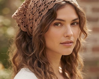 Ręcznie robiona brązowa bandana szydełkowa, chusta na włosy w stylu boho, dzianinowa chusta na głowę, festiwalowy dodatek do włosów, prezent dla niej, ozdoba do włosów w stylu cottagecore