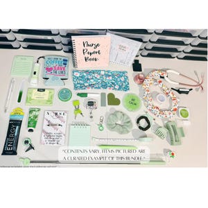 May include: A curated bundle of nurse-themed items, including a notebook, headband, stethoscope, and various accessories in shades of green and white. The image includes text that reads "Nurse Report Book" and "First I drink the coffee then I save the lives."