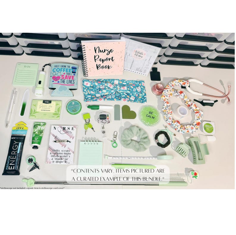 May include: A curated bundle of nurse-themed items, including a notebook, headband, stethoscope, and various accessories in shades of green and white. The image includes text that reads "Nurse Report Book" and "First I drink the coffee then I save the lives."