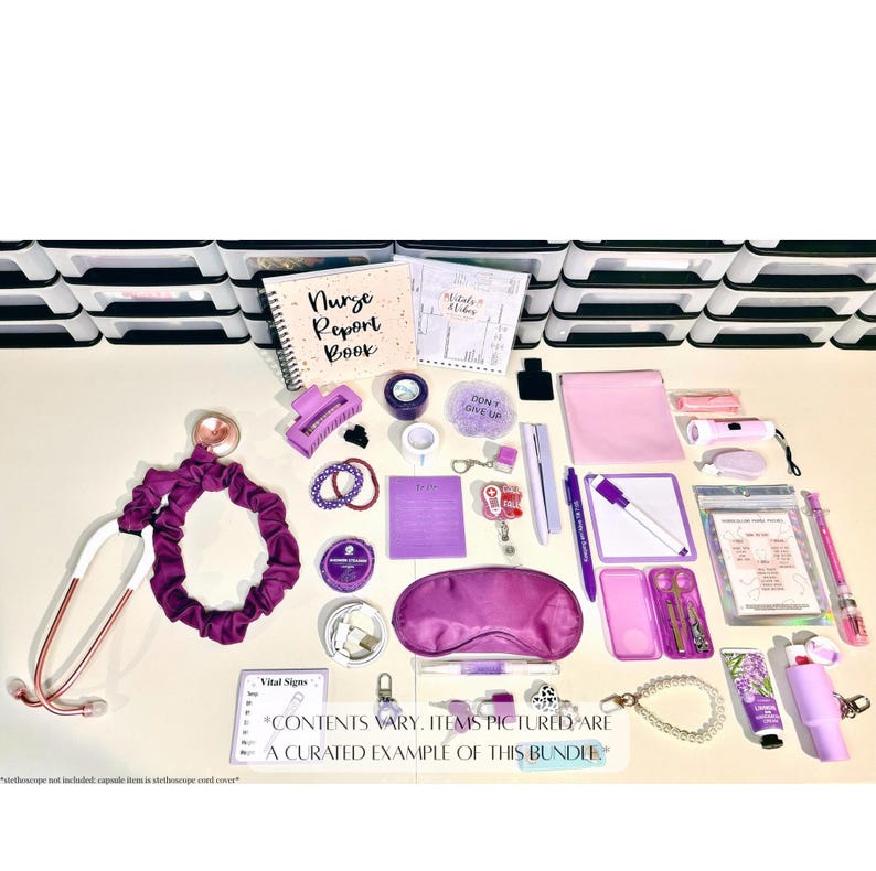 May include: A curated collection of nurse essentials in shades of purple and pink. Includes a stethoscope, scrunchie, notebooks, pens, eye mask, and other accessories. The text reads "Nurse Report Book" and "Vital Signs".