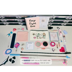 May include: A collection of nurse-themed items, including a pink notebook, a pencil case with a nurse illustration, a pink mirror, and a stethoscope. The text "Nurse Report Book" is visible. The text "CONTENTS VARY. ITEMS PICTURED ARE A CURATED EXAMPLE OF THIS BUNDLE." is also visible.