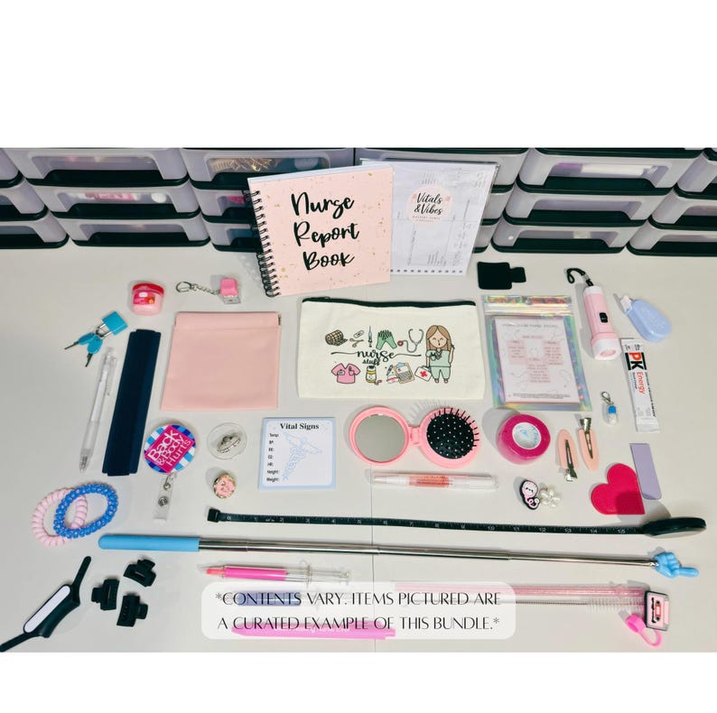May include: A collection of nurse-themed items, including a pink notebook, a pencil case with a nurse illustration, a pink mirror, and a stethoscope. The text "Nurse Report Book" is visible. The text "CONTENTS VARY. ITEMS PICTURED ARE A CURATED EXAMPLE OF THIS BUNDLE." is also visible.