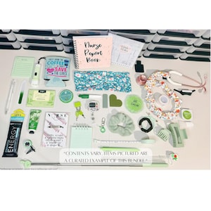 May include: A curated bundle of nurse-themed items, including a notebook, headband, stethoscope, and various accessories in shades of green, white, and pink. The text on the notebook reads "Nurse Report Book". Other items include a notepad, pens, and a badge reel.