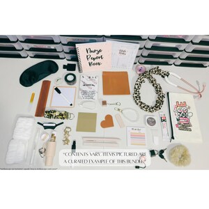 May include: A curated bundle of nurse-themed items, including a notebook, sleep mask, pens, and accessories. The image features a stethoscope, a leopard print lanyard, and a small notebook with the text "Nurse Report Book".