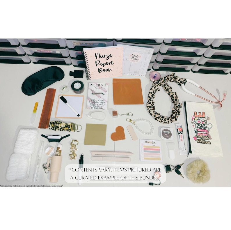 May include: A curated bundle of nurse-themed items, including a notebook, sleep mask, pens, and accessories. The image features a stethoscope, a leopard print lanyard, and a small notebook with the text "Nurse Report Book".