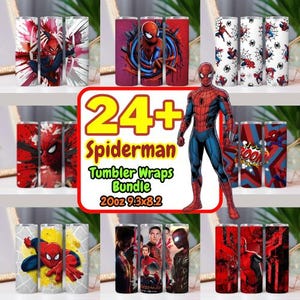 May include: A collection of Spiderman-themed tumbler wraps. The image features various designs, including Spiderman in action poses, comic book art, and character portraits. The text on the image reads "24+ Spiderman Tumbler Wraps Bundle 20oz 9.3x8.2".
