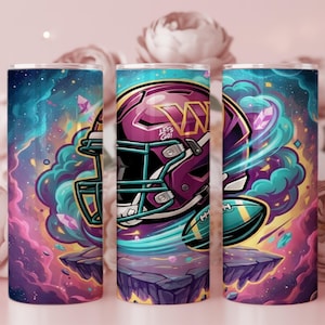 May include: A set of three insulated tumblers featuring a vibrant, cartoon-style design. The central tumbler showcases a burgundy football helmet and a teal football against a backdrop of swirling clouds and a rocky platform. The other two tumblers have a similar design.