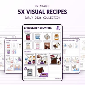 May include: A set of five printable visual recipe cards titled Early 2026 Collection. The central card features a Chocolatey Brownies recipe with illustrated ingredients like yoghurt, eggs, honey, and cocoa powder, plus numbered steps for preparation.