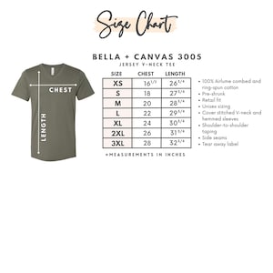 May include: An olive green Bella + Canvas jersey V-neck tee shirt with a size chart. The chart lists chest and length measurements in inches for sizes XS to 3XL. Additional details include pre-shrunk, retail fit, and unisex sizing.