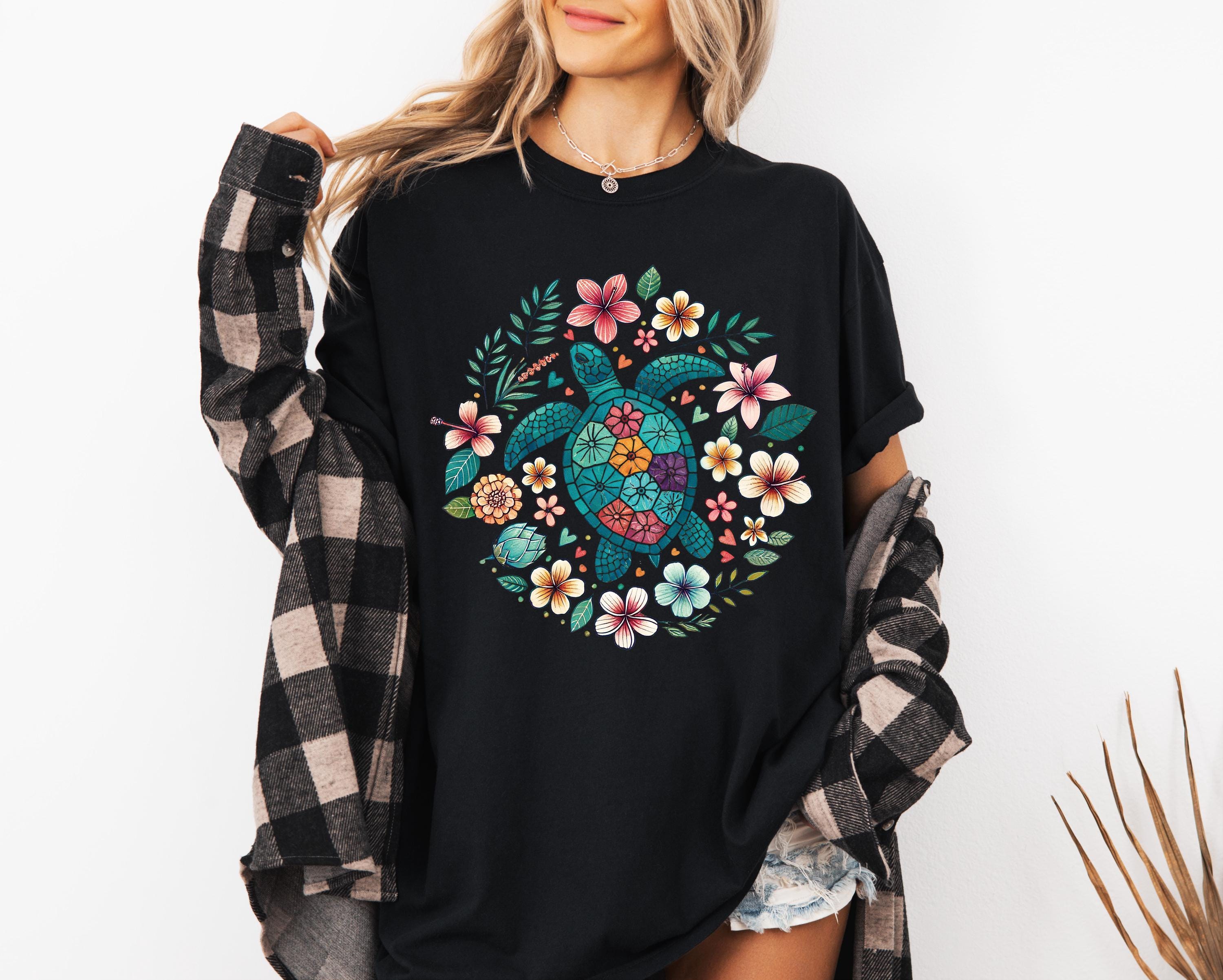 Floral Turtle Comfort Shirt, Cute Beach Tshirt, Trendy Summer Floral Tee, Oversized Beach Tee, Earth Day Shirt, Women's Tee, Gift for Her