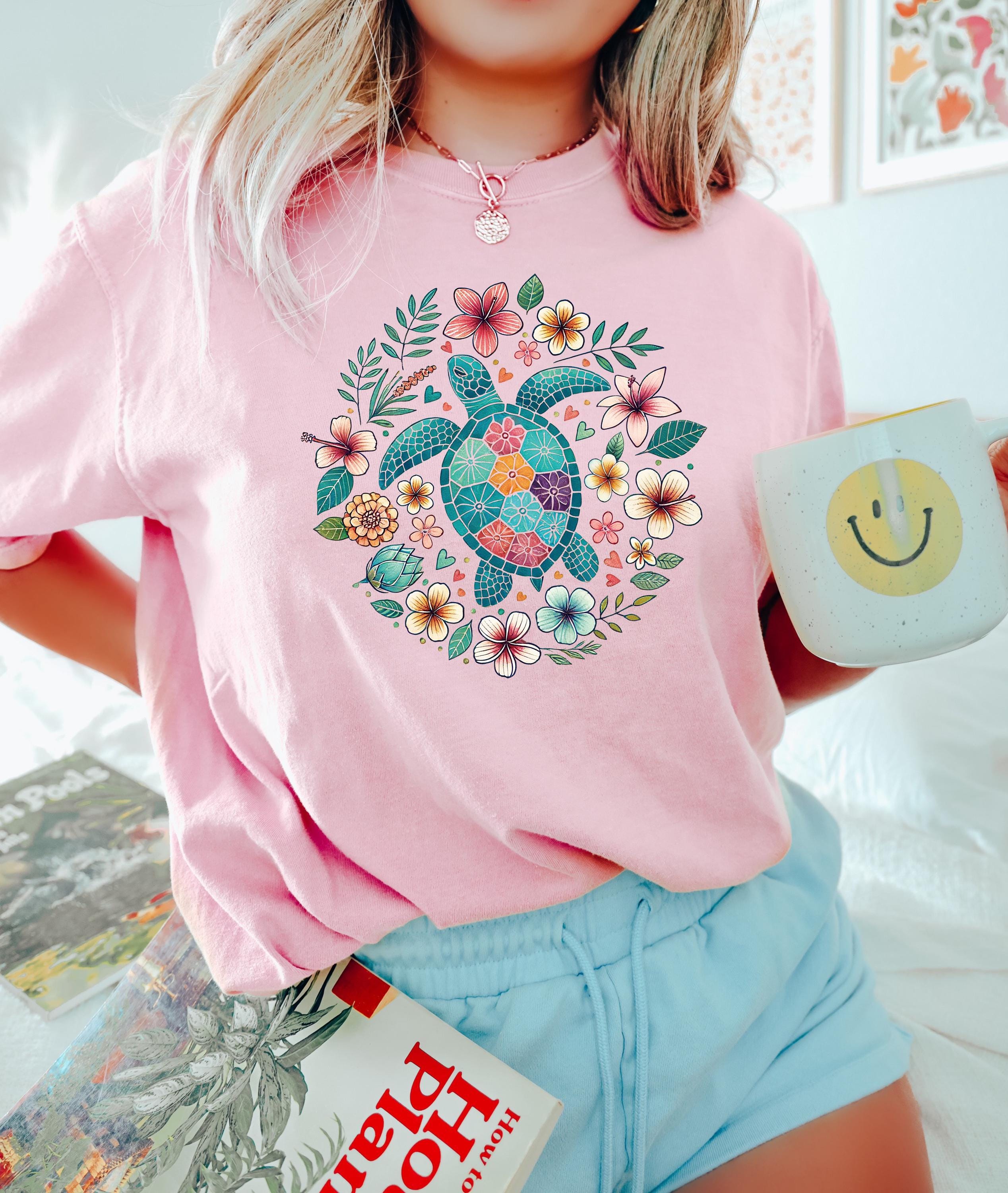 Floral Turtle Comfort Shirt, Cute Beach Tshirt, Trendy Summer Floral Tee, Oversized Beach Tee, Earth Day Shirt, Women's Tee, Gift for Her