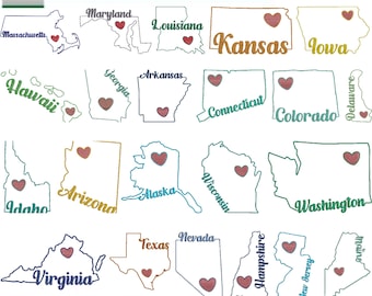 May include: A collection of 50 USA state embroidery designs. Each state outline is displayed with a heart-shaped accent. The text "USA state Embroidery Design" is at the top. The image includes the file types: DST, VP3, SEW, PES, XXX, HUS.
