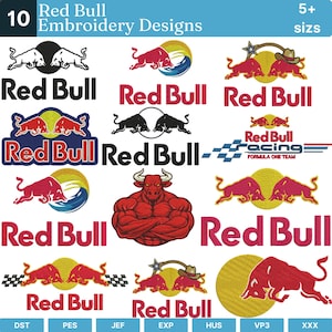 May include: A collection of 10 Red Bull embroidery designs featuring various logos, including bulls in red, black, and yellow, with text reading Red Bull and Red Bull Racing Formula One Team. The digital file formats include DST, PES, JEF, EXP, HUS, VP3, and XXX.