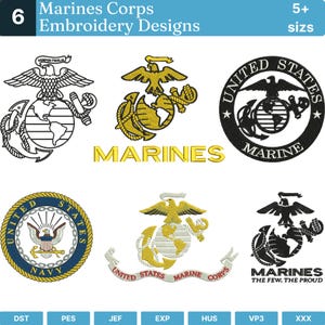 May include: Six digital embroidery designs featuring United States Marine Corps and Navy emblems. The collection includes various eagle, globe, and anchor motifs in black, gold, and blue, with text including Marines, United States Marine Corps, and The Few. The Proud.