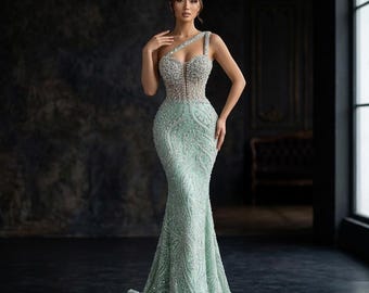 One-Shoulder Backless Mermaid Dress Sequin Crystal Sweetheart Train Custom