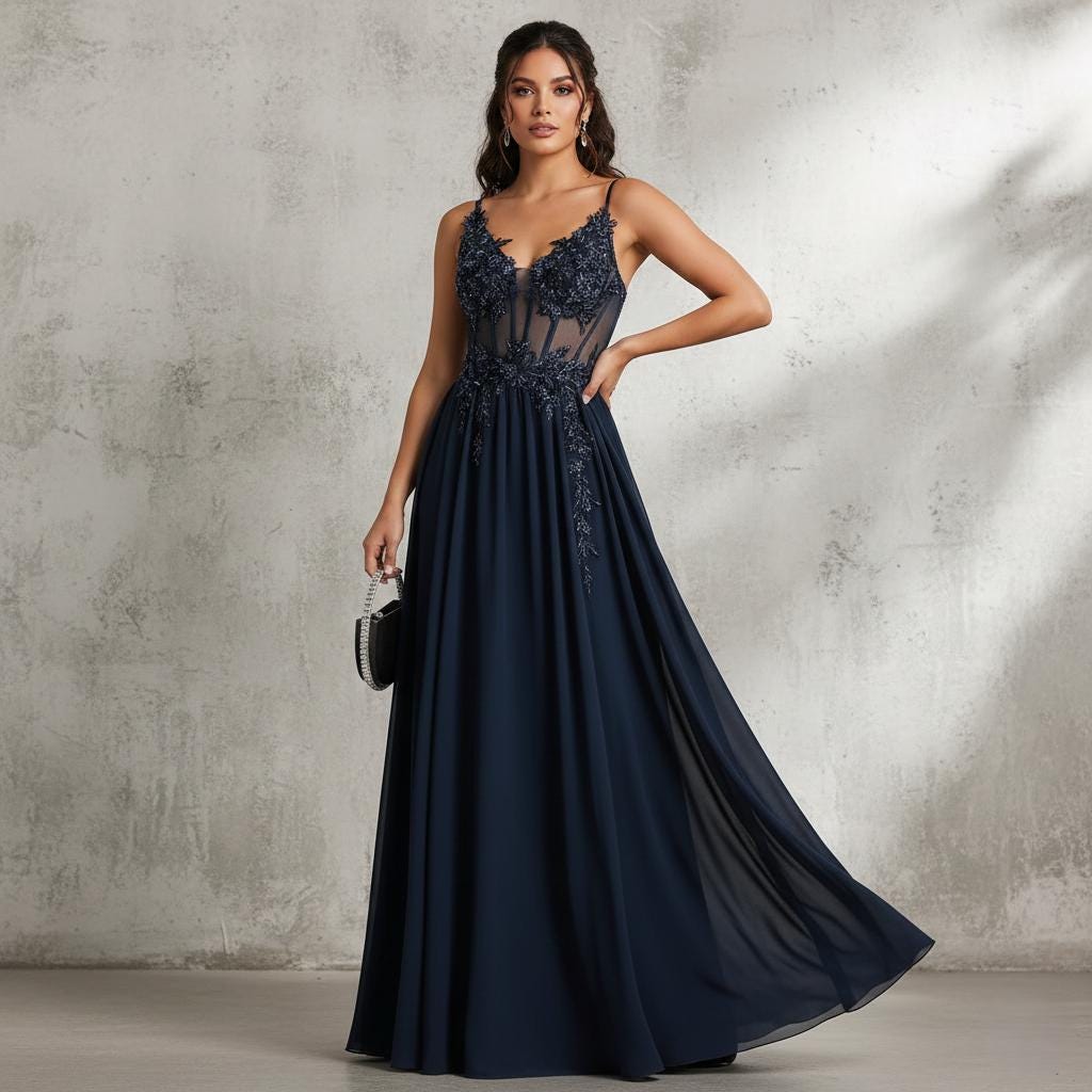 Navy Blue Chiffon A Line Evening Dress V Neck Spaghetti Strap Beaded Applique Prom 2026
