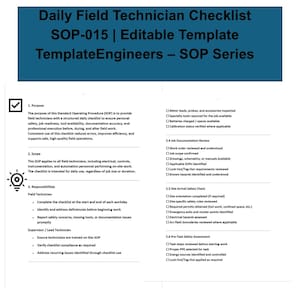 Op de afbeelding: Een gedetailleerde checklist getiteld "Daily Field Technician Checklist SOP-015" met bewerkbare sjablooninformatie. Het document beschrijft procedures voor veldtechnici, inclusief veiligheidscontroles, taakdocumentatie en pre-taakbeoordelingen.