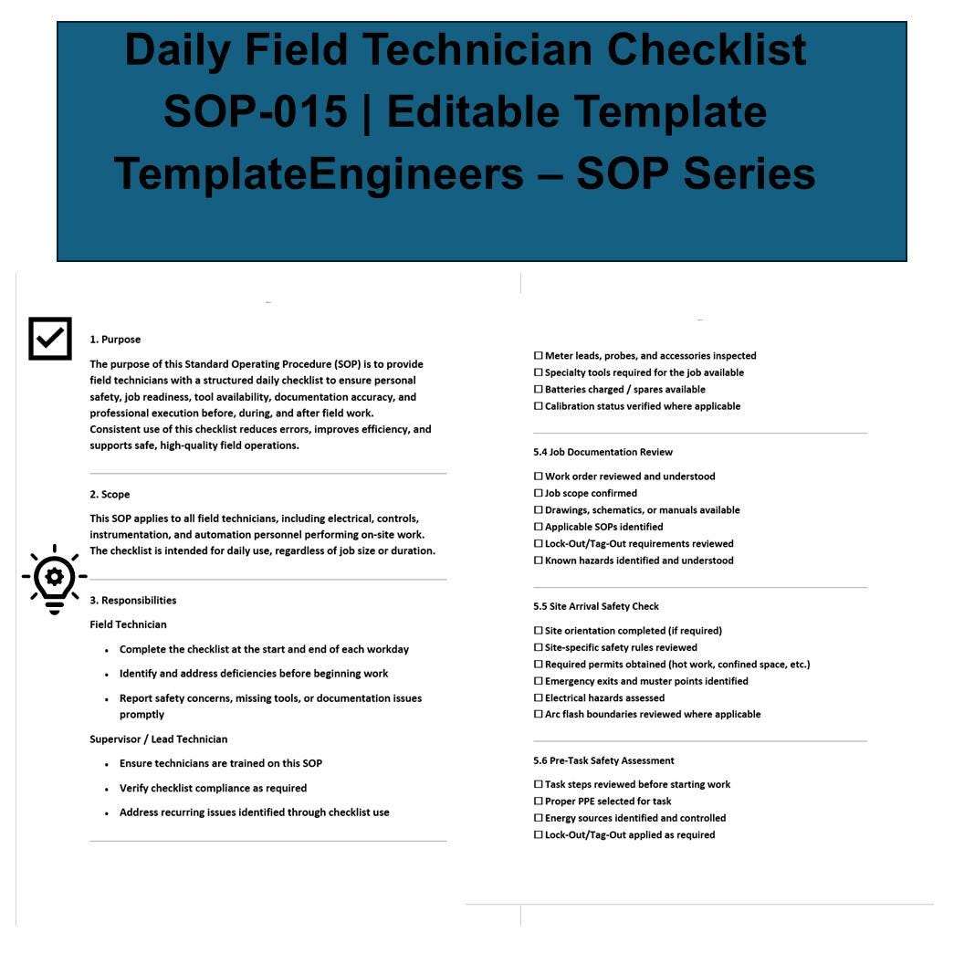 Example Technician Checklist Daily Field Technician Checklist | Electrical and Controls SOP | Safety ...